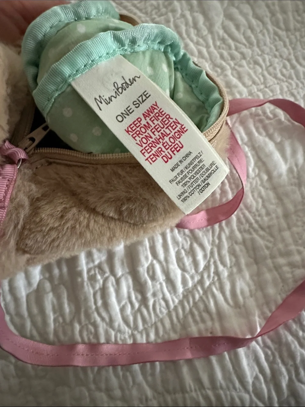 Mini Boden Tan Faux Fur Kitty Kat Bag with Pink Strap